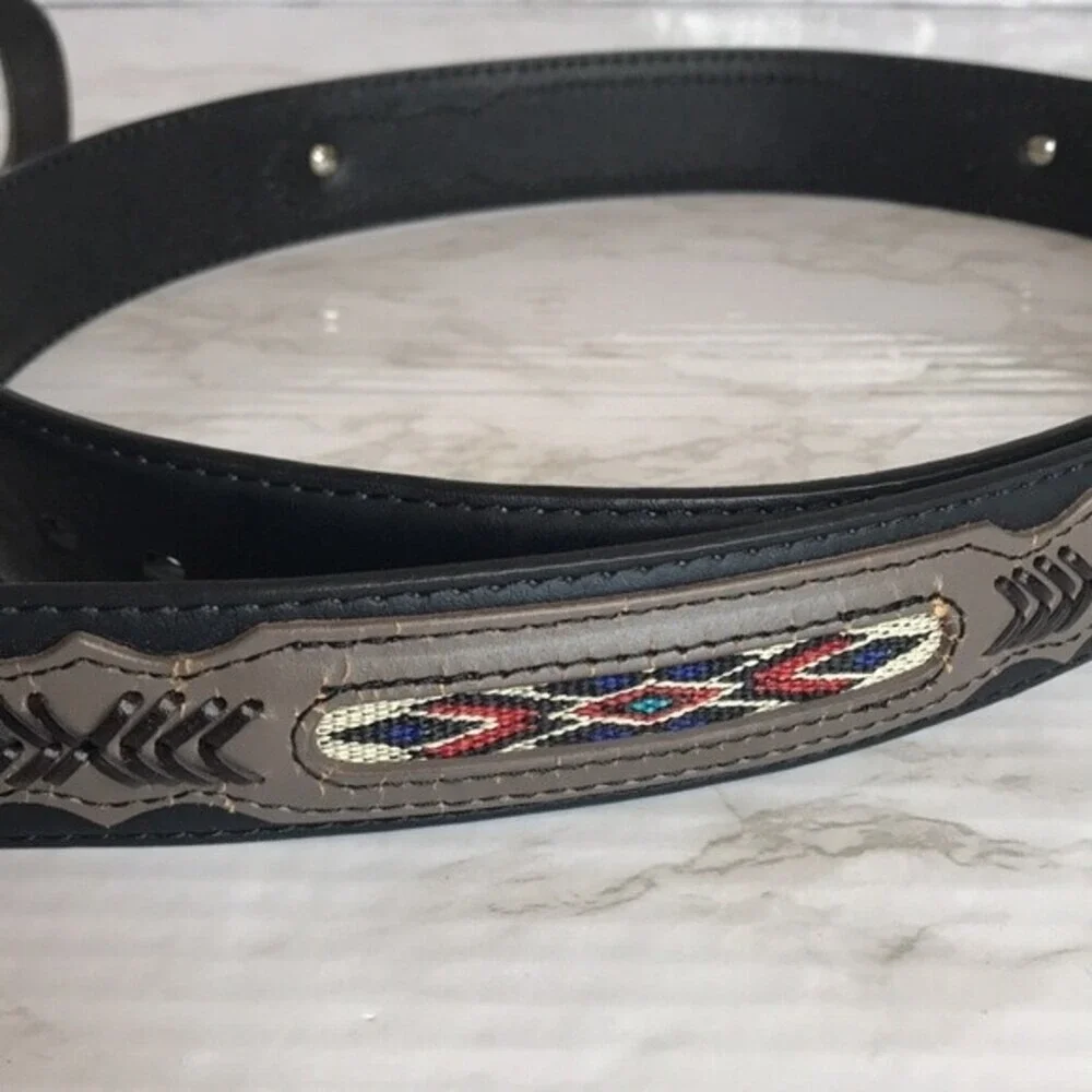 Western Southwestern Inlay Leather‎ Belt Black Size 44